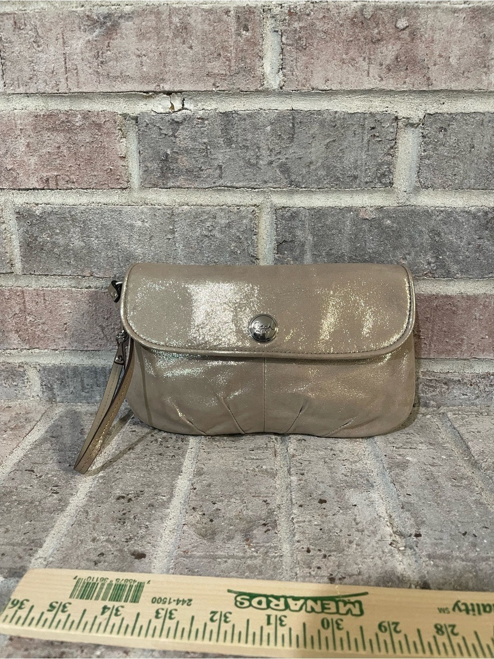 Coach Shimmery Taupe Leather Wristlet Clutch